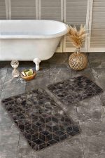 - Realhomes - Realhomes 2'li Set Siyah - Füme Zeminde Geometrik Motifli Mozaik Desenli Geometrik Klasik 2'li Banyo & Mutfak Paspas Takımı Realhomes