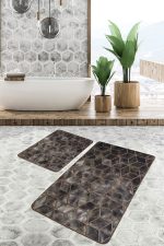 - PaspasTakimi-2li-Set611-Gorsel-2 - Realhomes 2'li Set Siyah - Füme Zeminde Geometrik Motifli Mozaik Desenli Geometrik Klasik 2'li Banyo & Mutfak Paspas Takımı Realhomes