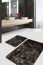 - PaspasTakimi-2li-Set611-Gorsel-5 - Realhomes 2'li Set Siyah - Füme Zeminde Geometrik Motifli Mozaik Desenli Geometrik Klasik 2'li Banyo & Mutfak Paspas Takımı Realhomes