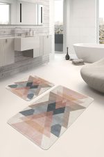 2'li Set Pastel Renkli Zeminde Geometrik Motifli Üçgen Desenli Geometrik Sade & Şık Salon & Oturma Odası  2'li Banyo & Mutfak Paspas Takımı Realhomes