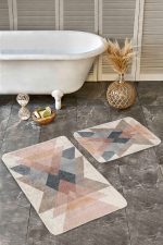 2'li Set Pastel Renkli Zeminde Geometrik Motifli Üçgen Desenli Geometrik Sade & Şık Salon & Oturma Odası  2'li Banyo & Mutfak Paspas Takımı Realhomes