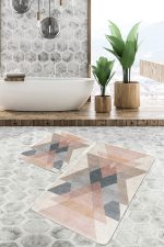 2'li Set Pastel Renkli Zeminde Geometrik Motifli Üçgen Desenli Geometrik Sade & Şık Salon & Oturma Odası  2'li Banyo & Mutfak Paspas Takımı Realhomes