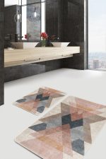 2'li Set Pastel Renkli Zeminde Geometrik Motifli Üçgen Desenli Geometrik Sade & Şık Salon & Oturma Odası  2'li Banyo & Mutfak Paspas Takımı Realhomes