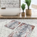 2'li Set Kırmızı Zeminde Dokuma Halı Motifli Osmanlı Desenli Avangarde Etnik Motifler  2'li Banyo & Mutfak Paspas Takımı Realhomes