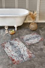 - Realhomes - Realhomes  2'li Set Kırmızı - Beyaz Zeminde Antik Motifli Yöresel Desenli Eskitme Motifli Avangarde  2'li Banyo & Mutfak Paspas Takımı Realhomes