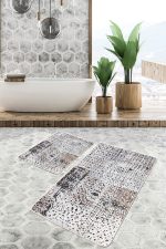 - PaspasTakimi-2li-Set615-Gorsel-1 - Realhomes  2'li Set Siyah - Beyaz Zeminde Guaj Boya Motifli Modern Sanat Desenli Klasik Vintage  2'li Banyo & Mutfak Paspas Takımı Realhomes