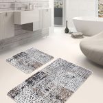 2'li Set Krem Zeminde Çerçeveli Motifli Eskitme Desenli Geometrik Eskitme Motifli  2'li Banyo & Mutfak Paspas Takımı Realhomes