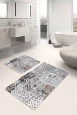 - PaspasTakimi-2li-Set615-Gorsel - Realhomes  2'li Set Siyah - Beyaz Zeminde Guaj Boya Motifli Modern Sanat Desenli Klasik Vintage  2'li Banyo & Mutfak Paspas Takımı Realhomes