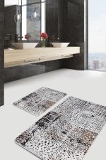 - PaspasTakimi-2li-Set615-Gorsel-4 - Realhomes  2'li Set Siyah - Beyaz Zeminde Guaj Boya Motifli Modern Sanat Desenli Klasik Vintage  2'li Banyo & Mutfak Paspas Takımı Realhomes