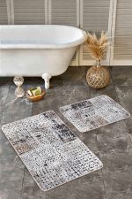 - Realhomes - Realhomes  2'li Set Siyah - Beyaz Zeminde Guaj Boya Motifli Modern Sanat Desenli Klasik Vintage  2'li Banyo & Mutfak Paspas Takımı Realhomes