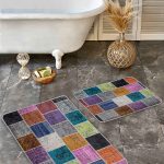 2'li Set Hardal - Mavi Zeminde Patchwork Motifli Kilim Desenli Geometrik Sade & Şık  2'li Banyo & Mutfak Paspas Takımı Realhomes