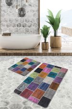 - PaspasTakimi-2li-Set616-Gorsel-2 - Realhomes 2'li Set Geleneksel Zeminde Patchwork Motifli Etnik Desenli Klasik Vintage 2'li Banyo & Mutfak Paspas Takımı Realhomes