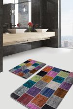 - PaspasTakimi-2li-Set616-Gorsel-5 - Realhomes 2'li Set Geleneksel Zeminde Patchwork Motifli Etnik Desenli Klasik Vintage 2'li Banyo & Mutfak Paspas Takımı Realhomes