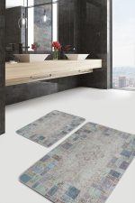 2'li Set Krem - Mavi Zeminde Patchwork Motifli Yöresel Desenli Klasik Vintage  2'li Banyo & Mutfak Paspas Takımı Realhomes