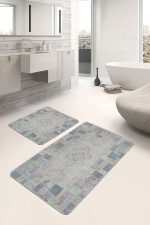 2'li Set Krem - Mavi Zeminde Patchwork Motifli Yöresel Desenli Klasik Vintage  2'li Banyo & Mutfak Paspas Takımı Realhomes