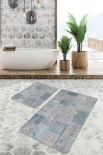 - PaspasTakimi-2li-Set618-Gorsel - Realhomes  2'li Set Krem - Mavi Zeminde Patchwork Motifli Geleneksel Desenli Vintage Klasik  2'li Banyo & Mutfak Paspas Takımı Realhomes