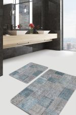 - PaspasTakimi-2li-Set618-Gorsel-2 - Realhomes  2'li Set Krem - Mavi Zeminde Patchwork Motifli Geleneksel Desenli Vintage Klasik  2'li Banyo & Mutfak Paspas Takımı Realhomes