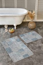 - Realhomes - Realhomes  2'li Set Krem - Mavi Zeminde Patchwork Motifli Geleneksel Desenli Vintage Klasik  2'li Banyo & Mutfak Paspas Takımı Realhomes