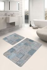 - PaspasTakimi-2li-Set618-Gorsel-5 - Realhomes  2'li Set Krem - Mavi Zeminde Patchwork Motifli Geleneksel Desenli Vintage Klasik  2'li Banyo & Mutfak Paspas Takımı Realhomes