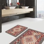 2'li Set Siyah Zeminde Çiçek Motifli Yapraklar Desenli Floral Klasik  2'li Banyo & Mutfak Paspas Takımı Realhomes