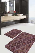 2'li Set Kahverengi Zeminde Kilim Motifli Anadolu Desenli Avangarde Geometrik  2'li Banyo & Mutfak Paspas Takımı Realhomes