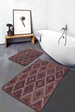 2'li Set Kahverengi Zeminde Kilim Motifli Anadolu Desenli Avangarde Geometrik  2'li Banyo & Mutfak Paspas Takımı Realhomes
