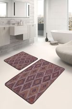 2'li Set Kahverengi Zeminde Kilim Motifli Anadolu Desenli Avangarde Geometrik  2'li Banyo & Mutfak Paspas Takımı Realhomes