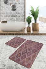 2'li Set Kahverengi Zeminde Kilim Motifli Anadolu Desenli Avangarde Geometrik  2'li Banyo & Mutfak Paspas Takımı Realhomes