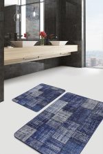 2'li Set Mavi Zeminde Patchwork Motifli Retro Desenli Klasik Vintage  2'li Banyo & Mutfak Paspas Takımı Realhomes