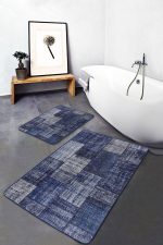 2'li Set Mavi Zeminde Patchwork Motifli Retro Desenli Klasik Vintage  2'li Banyo & Mutfak Paspas Takımı Realhomes