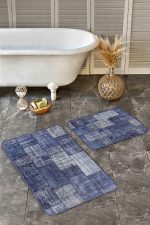 2'li Set Mavi Zeminde Patchwork Motifli Retro Desenli Klasik Vintage  2'li Banyo & Mutfak Paspas Takımı Realhomes
