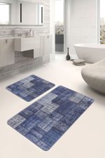 2'li Set Mavi Zeminde Patchwork Motifli Retro Desenli Klasik Vintage  2'li Banyo & Mutfak Paspas Takımı Realhomes