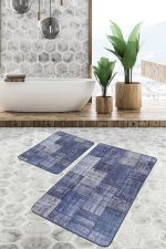 2'li Set Mavi Zeminde Patchwork Motifli Retro Desenli Klasik Vintage  2'li Banyo & Mutfak Paspas Takımı Realhomes