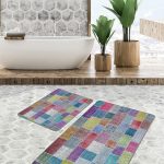 2'li Set Mavi - Beyaz Zeminde Eskitme Motifli Boya Desenli Sade & Şık Klasik  2'li Banyo & Mutfak Paspas Takımı Realhomes