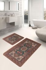 - PaspasTakimi-2li-Set627-Gorsel-1 - Realhomes 2'li Set Kahverengi Zeminde Pers Motifli Kilim Desenli Avangarde Vintage 2'li Banyo & Mutfak Paspas Takımı Realhomes
