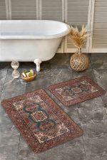- Realhomes - Realhomes 2'li Set Kahverengi Zeminde Pers Motifli Kilim Desenli Avangarde Vintage 2'li Banyo & Mutfak Paspas Takımı Realhomes