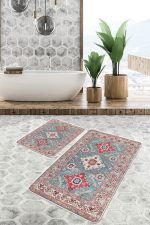 2'li Set Çok Renkli Zeminde Uşak Motifli Yöresel Desenli Avangarde Klasik  2'li Banyo & Mutfak Paspas Takımı Realhomes
