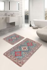 2'li Set Çok Renkli Zeminde Uşak Motifli Yöresel Desenli Avangarde Klasik  2'li Banyo & Mutfak Paspas Takımı Realhomes