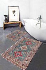 2'li Set Çok Renkli Zeminde Uşak Motifli Yöresel Desenli Avangarde Klasik  2'li Banyo & Mutfak Paspas Takımı Realhomes