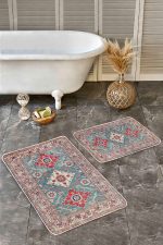 2'li Set Çok Renkli Zeminde Uşak Motifli Yöresel Desenli Avangarde Klasik  2'li Banyo & Mutfak Paspas Takımı Realhomes