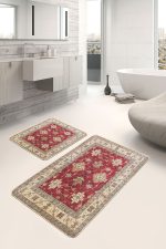 2'li Set Kırmızı Zeminde Geleneksel Motifli Etnik Desenli Avangarde Vintage  2'li Banyo & Mutfak Paspas Takımı Realhomes