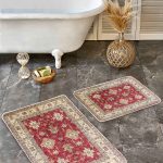 2'li Set Siyah Zeminde Çerçeveli Motifli Çiçek Desenli Geometrik Floral  2'li Banyo & Mutfak Paspas Takımı Realhomes