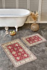 2'li Set Kırmızı Zeminde Geleneksel Motifli Etnik Desenli Avangarde Vintage  2'li Banyo & Mutfak Paspas Takımı Realhomes