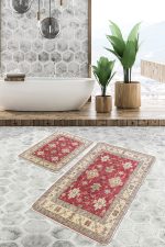 2'li Set Kırmızı Zeminde Geleneksel Motifli Etnik Desenli Avangarde Vintage  2'li Banyo & Mutfak Paspas Takımı Realhomes