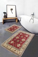 2'li Set Kırmızı Zeminde Geleneksel Motifli Etnik Desenli Avangarde Vintage  2'li Banyo & Mutfak Paspas Takımı Realhomes
