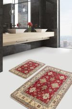 2'li Set Kırmızı Zeminde Geleneksel Motifli Etnik Desenli Avangarde Vintage  2'li Banyo & Mutfak Paspas Takımı Realhomes