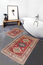 - PaspasTakimi-2li-Set631-Gorsel - Realhomes  2'li Set Kırmızı Zeminde Yöresel Motifli Osmanlı Desenli Avangarde Etnik Motifler  2'li Banyo & Mutfak Paspas Takımı Realhomes