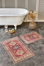 - Realhomes - Realhomes  2'li Set Kırmızı Zeminde Yöresel Motifli Osmanlı Desenli Avangarde Etnik Motifler  2'li Banyo & Mutfak Paspas Takımı Realhomes