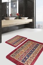 2'li Set Kırmızı Zeminde Etnik Motifli Uşak Desenli Avangarde Etnik Motifler  2'li Banyo & Mutfak Paspas Takımı Realhomes