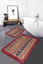 2'li Set Kırmızı Zeminde Etnik Motifli Uşak Desenli Avangarde Etnik Motifler  2'li Banyo & Mutfak Paspas Takımı Realhomes